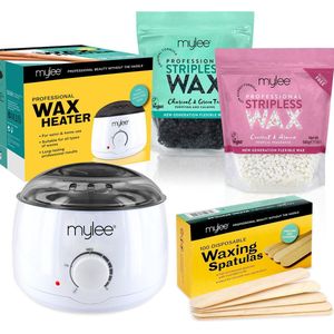 Mylee Professionele Waxset met Waxverwarmer, kokosnoot & arnica + houtskool en groene thee harde wasbellen 2x500g, spatulas - stripless depilerende wax pellets vaste filmbonen geen strip nodig, gemaakt in het VK, gemaakt in het Verenigd Koninkrijk