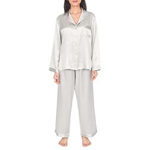 Sleepdown 100% zijden damespyjama, lange set, 2-delige nachtkleding, nachtkleding, comfortabel, natuurlijk hypoallergeen - 22 momme, Zilver, L
