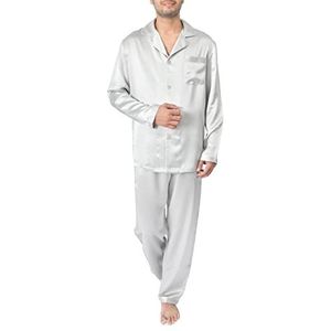 Sleepdown 100% zijden heren pyjama lange set 2st - nachtkleding nachtkleding, comfortabel, natuurlijk hypoallergeen - 22 Momme, ZILVER, L