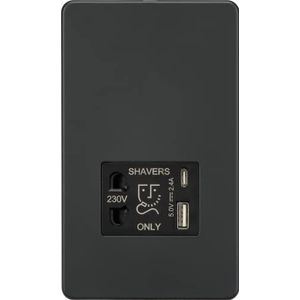 Knightsbridge Schroefloos scheerapparaat Socket met Dual USB A+C (5V DC 2.4A Gedeeld) - Antraciet