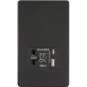 Knightsbridge Schroefloos scheerapparaat Socket met Dual USB A+C (5V DC 2.4A Gedeeld) - mat Zwart