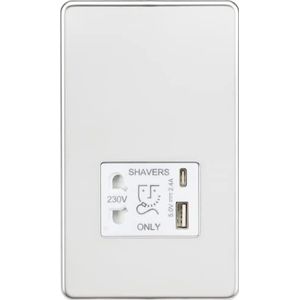 Knightsbridge Schroefloze scheerapparaat Socket met Dual USB A+C (5V DC 2.4A Shared) - Gepolijst chroom met wit inzetstuk