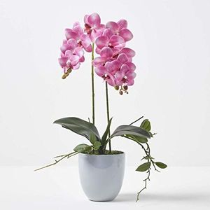 grote kunst orchidee in pot, hoge kunst orchidee met rozenbloem, decoratieve orchidee Phalaenopsis in grijze keramische pot, decoratieve kunstbloem, 54 cm hoog