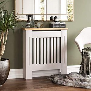 Vida Designs Arlington radiatorafdekking Wit modern geschilderde MDF-kast, lamellen, grill, houten bovenste plank, klein