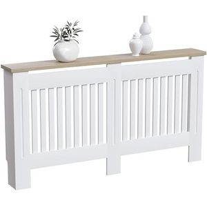 Vida Designs Arlington radiatorhoes, witte moderne geverfde MDF-kast, lamellen, grill, houten bovenplank, groot