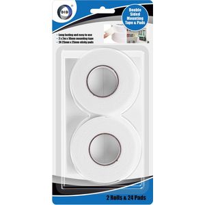 Pakket van 2x rollen dubbelzijdig foam tape en 24x dubbelzijdige pads