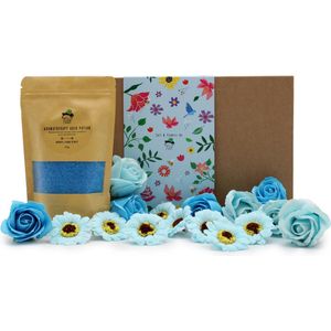Badzout & Zeep Bloemen Set - Badzout Lavendel, Sinaasappel & Basilicum 350 Gram - 16 Zeep Bloemen - Badproducten Cadeauset - Geschenkset