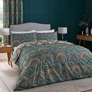 Dreams & Drapes - Jacobean blauwgroen dekbedovertrek - Super King Size (260 x 220 cm) - Omkeerbaar patroon - 2 kussenslopen - Bohemien Marokkaans beddengoed in blauw - Dekbedovertrek