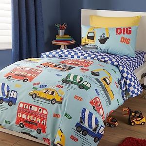 Bedlam Auto & Bus Dubbel Dekbedovertrek (200 x 200cm) - Omkeerbaar Blauw Geruit Met Transporten - Vrachtwagens Beddengoed voor Jongens - Transport Thema in Tweepersoons Size