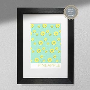 Ananasdruk - fruitposter | keukenmuurkunst | keukendecoratie | illustratie ananas zwart frame met A4-standaard