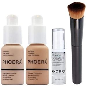 Phoera Foundation make-upset met volledige dekking - Inclusief Nude & Buff Beige 30ml Matte Foundation, 6 ml gezichtsprimer & vloeibare foundationborstel voor eenvoudige toepassing