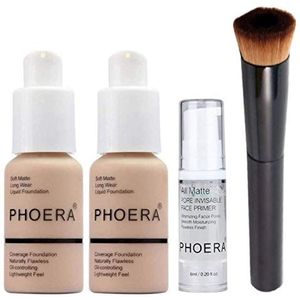 Phoera Foundation volledige dekking make-up set - inclusief x2 Nude 30ml Matte Foundation, 6ml Face Primer & Liquid Foundation Brush voor eenvoudige toepassing