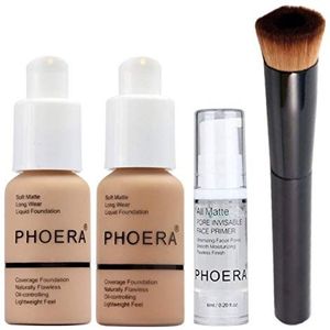 Phoera Foundation volledige dekking make-up set - inclusief Buff Beige & Sand 30ml Matte Foundation, 6ml Face Primer & Liquid Foundation Brush voor eenvoudige toepassing