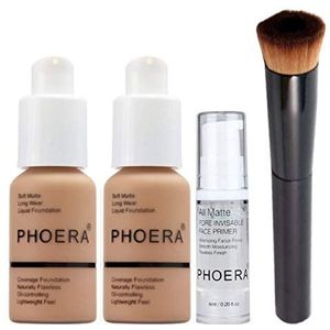 Phoera Foundation volledige dekking make-up set - inclusief x2 zand 30ml matte foundation, 6 ml gezichtsprimer & vloeibare foundation borstel voor eenvoudige toepassing