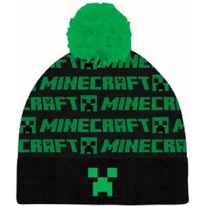 Minecraft  Pompom Beanie muts Creeper - zwart - groen - Maat 52 cm