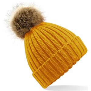 Beechfield B412 Faux Fur Pop Pom Chunky Beanie, Mosterd, S-XL