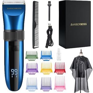 BarberBoss Draadloze zelfslijpende baard- en haartrimmer - waterdicht met keramische messen, LED-display, snel opladen en 8 kleuren kamhulpstukken QR-2082
