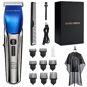 BarberBoss Tondeuse Heren, Baardtrimmer - 4 snelheden, Keramisch mes, 8 opzetkammen, LED-display, Opladen via USB, Waterdicht, Haarverzorgingsset, QR-2083