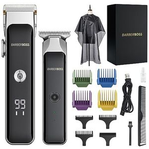 BarberBoss Draagbare baard- en tondeuse, gezichtshaartrimmer voor mannen met keramisch mes, precisie-wijzerplaat, geleidingskammen, USB-opladen, rood/groen display, QR-2682