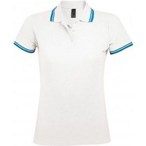 SOLS Dames dames Pasadena getipt korte mouw Pique Polo Shirt (Wit Aqua Blauw)