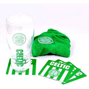 Celtic FC Officiële Wordmark Mini Football Bar Set (Pint Glass, Towel & Beer Mats)  (Groen/Wit)