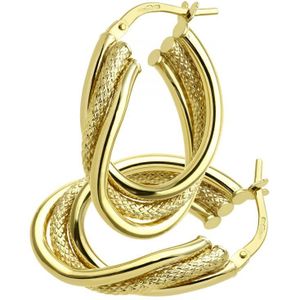9ct geelgouden satijnen en effen drievoudige ovale hoepeloorbellen