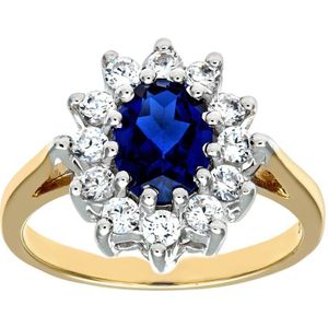 9kt geelgouden damesring met blauwe saffier en zirkonia