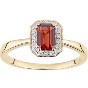 9ct geelgouden diamanten en granaat edelsteen rechthoekig geslepen ring