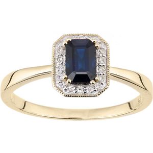 9ct geelgouden diamanten en saffier edelsteen rechthoekig geslepen ring