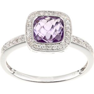 9ct witgouden diamanten en amethist vierkant geslepen edelsteenring