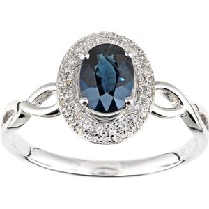 Ovale edelsteenring van 9 karaat witgoud met diamanten en saffier
