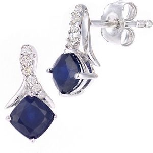 9ct witgoud, 0,88ct blauwe saffier en 0,05ct diamanten oorbellen