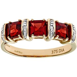 9ct geelgouden diamanten en rode granaat eeuwigheid damesring