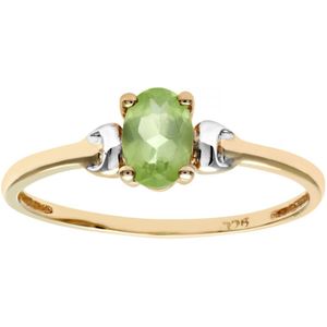 9ct geel- en witgouden damesring met peridoot-geboortesteen