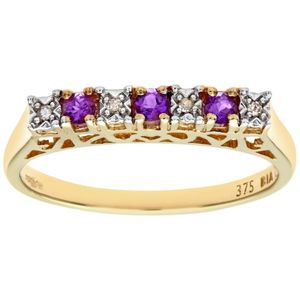 9ct geelgouden diamanten en amethist 7 stenen eeuwigheid damesring