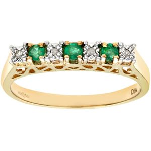 9ct geelgouden diamanten en smaragdgroene eeuwigheid damesring