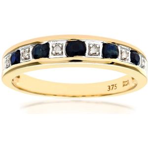 9ct geelgouden damesring met diamant en saffier