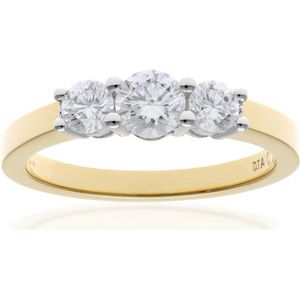 Trilogiering, 18kt geelgouden IJ/I ronde briljant gecertificeerde diamanten ring, diamantgewicht 0,75 ct