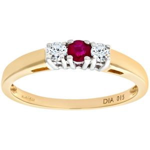 9ct geelgouden diamanten en robijnrode damesring met 3 stenen