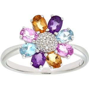 9ct witgouden damesring met diamant en citrien en amethist en blauwe topaas en roze topaas