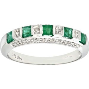 Dames 9ct witgouden diamanten en smaragdgroene eeuwigheidsring