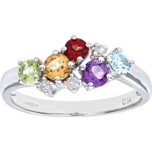 Dames 9ct witgouden diamanten en multi-edelsteen jurkring