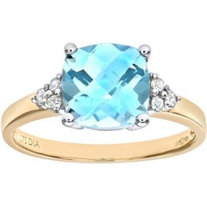9kt geelgouden ring met kussengeslepen blauwe topaas en diamant