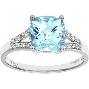9ct witgouden kussengeslepen blauwe topaasring met diamanten schouders