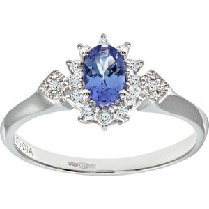 9ct witgouden ovale tanzaniet clusterring met diamantvormige schouders