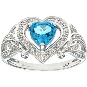 Damesring van 9 karaat witgoud met diamant en hartblauwe topaas