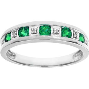 Ronde briljante smaragd en diamanten 9ct witgouden eeuwigheidsring