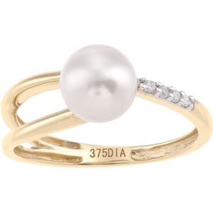 9ct geel goud, 0,03ct diamanten met witte gekweekte parelring