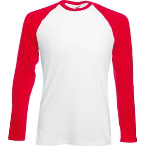 Fruit Of The Loom - Heren Baseballshirt - Wit/Rood - Lange Mouwen