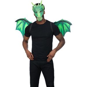 Smiffys Groene draak kit met masker en vleugels, Halloween verkleedaccessoire, drakenaccessoires